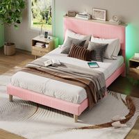 Bestier - Twin Size Upholstered Platform Bed Frame with LED Lighting and Adjustable Storage Headb...