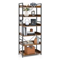 Costway - 6-Tier Bookshelf Open Display Shelves Storage Rack Metal Frame with 4 Hooks Rustic - Ru...