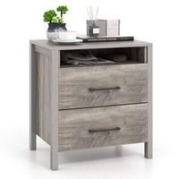 Costway - Nightstand with  2 Drawers Farmhouse Bed Side Table with  Open Storage Shelf - Gray