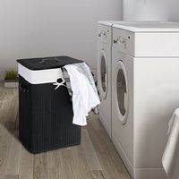 Costway Rectangle Bamboo Hamper Laundry Basket Washing Cloth Bin Rangier Lid Black - Black/White - Alternate Views