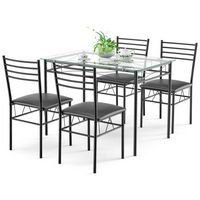 Costway - 5 Piece Dining Set Glass Top Table & 4 Upholstered Chairs Kitchen Room Furniture - Black - Alternate Views