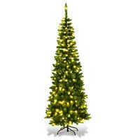 Costway - 7.5ft Pre-Lit Hinged Pencil Christmas Tree 350 White Lights - Green - Alternate Views