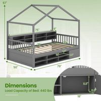 Costway Twin Size House Bed Wooden Platform Bed Frame with Roof & 14 Storage Cubes - Gray - Alternate Views