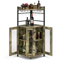 Costway Corner Bar Cabinet Industrial Liquor Wine Cabinet with Glass Holder & Mesh Doors - Taupe - Alternate Views