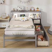 Costway Twin Size Bed Frame with LED Light & Power Outlet Bookcase Headboard Drawers - Gray - Alternate Views