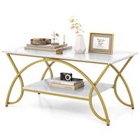Costway - Coffee Table Modern Marble 2-Tier Coffee Table  Gold Rectangle for Living Room - White ... - Alternate Views
