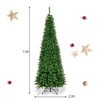 Costway - 7.5ft Pre-Lit Hinged Pencil Christmas Tree 350 Multicolor Lights - Green - Alternate Views