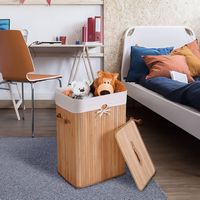 Costway Rectangle Bamboo Hamper Laundry Basket Washing Cloth Bin Bag Lid Natural - Natural/White - Alternate Views
