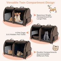 Costway - Portable Pet Carrier Kennel Cat Dog Crate Twin Compartments w/ Mats Litter Box - Brown - Alternate Views