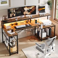 Bestier - L-Shaped Gaming Desk with Power Outlets, LED Lighting and Monitor Stand - Brown - Alternate Views