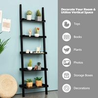 Costway - Ladder Shelf 5-Tier Plant Stand Wall-leaning Bookcase Display Rack - Black - Alternate Views