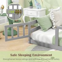 Costway Twin Size Floor Bed with Door & Fence with Safety Guardrails & Slats Support - Gray - Alternate Views