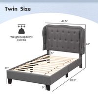 Costway Twin Size Bed Frame with Button Tufted Wingback Headboard Wooden Slats Support - Gray - Alternate Views