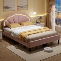 Costway Queen Size Upholstered LED Bed Frame Soft Velvet Platform Bed with Flower Headboard - Pink - Alternate Views