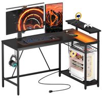 Bestier - L-Shaped Computer Desk with Power Outlets, Led Lights, and Monitor Stand - 52