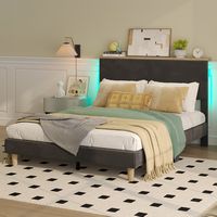 Bestier - Bed Frame Upholstered Platform Gaming Bed with LED Light & Adjustable Storage Headboard... - Alternate Views