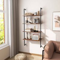 Costway - 4-Tier Ladder Shelf Bookshelf Industrial Wall Shelf w/Metal Frame Rustic - Brown - Alternate Views