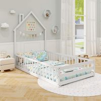 Costway Twin Size Montessori Floor Bed for Toddler with Lockable Door Full-Length Guardrail - White - Alternate Views