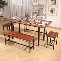 Costway 5 PCS Dining Table Set for 4-6 w/ 2 Benches & 2 Stools Metal Frame Dining Room - Walnut - Alternate Views