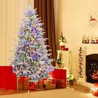 Costway - 7 FT Flocked Christmas Tree with 8 Lighting Modes 350 Multi-Color LED Lights - Green/White - Alternate Views