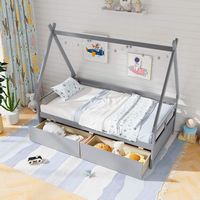 Costway Twin Size House Bed with Roof Safety Guardrail 2 Storage Drawers Wood Slat Support - Gray - Alternate Views