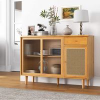 Costway - Buffet Sideboard Cabinet Rattan Console Table with Sliding Doors Storage Drawer - Natural - Alternate Views