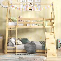 Costway Twin Over Queen Bunk Bed House Shaped Bed Frame with Climbing Nets and Ramp - Beige - Alternate Views