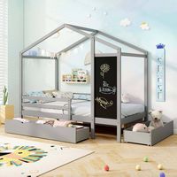 Costway Twin House Bed with 2 Storage Drawers Solid Wood Platform Bed with Blackboard - Gray - Alternate Views