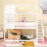 Costway Twin House Bunk Bed with Stairs Roof Rails & Window Full-length Guardrails - White - Alternate Views