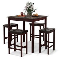 Costway 5 PCS Bar Table Set Square Dining Table & 4 PVC Leather Upholstered Bar Stools - Brown - Alternate Views