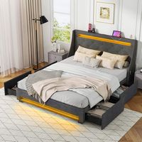 Costway Queen Size Bed Frame with LED Lights & Charging Station Upholstered Platform Bed - Gray - Alternate Views