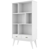 Simpli Home - Draper Mid-Century Modern Solid Hardwood 6-Shelf 2-Drawer Bookcase - White - Alternate Views