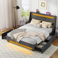 Costway Full Size Bed Frame with LED Lights & Charging Station Upholstered Platform Bed - Gray - Alternate Views