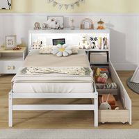 Costway Twin Size Bed Frame with LED Light & Power Outlet Bookcase Headboard Drawers - White - Alternate Views