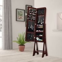 Costway - LED Jewelry Cabinet Organizer Bevel Edge Mirrored Standing Brown - Reddish Brown - Alternate Views