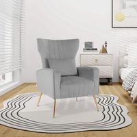 Costway - Velvet Upholstered Wingback Chair with Lumbar Pillow and Golden Metal Legs - Gray - Alternate Views