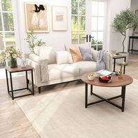 Costway 3 PCS Coffee Table Set Round Coffee Table and 2PCS Square End Tables Metal Frame Walnut -... - Alternate Views