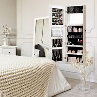 Costway - Door Wall Mount Touch Screen LED Light Mirrored Jewelry Cabinet Storage - White - Alternate Views