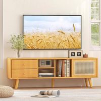 Costway - Bamboo TV Stand Console Table with PE Rattan  Door & 2 Drawers for TV up to 65'' Natura... - Alternate Views