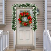 Costway - 9ft Pre-lit Christmas Garland w/ Snow Flocked Tips Red Berries 50 Lights & Timer - Green - Alternate Views