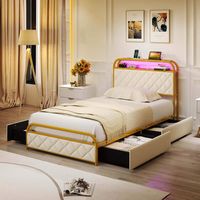 Costway Twin Size Bed Frame with LED Lights & Charging Station Storage Headboard & Drawers - Gold... - Alternate Views