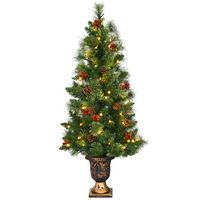 Costway - 3ft Pre-Lit Christmas Entrance Tree In Urn w/ 40 LED Light Red Berries Pine Cone - Green - Alternate Views