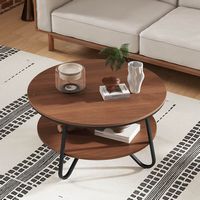 Costway 2-Tier Round Coffee Table with Wood Grain Finish & Heavy-duty Metal Frame - Walnut - Alternate Views