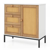 Costway Rattan Buffet Sideboard with 3 Drawers & 1 Door Sturdy Metal Legs Storage Cabinet - White... - Alternate Views