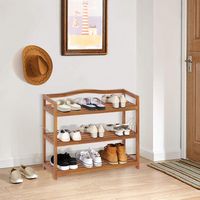 Costway - 3-Tier  Wood Shoe Rack Solid Acacia Wood Shoe Shelf with Side Metal Hooks - Reddish Brown - Alternate Views