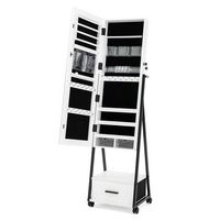 Costway - Jewelry Cabinet Armoire Full Length Mirror Lockable w/ Bottom Drawer & Wheels - White - Alternate Views