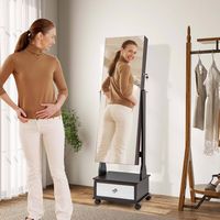 Costway - Jewelry Cabinet Armoire Full-Length Mirror Lockable with 3-Color LED Lights - Brown - Alternate Views