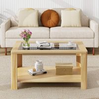 Costway 2-Tier Coffee Table with Tempered Glass Tabletop & Storage Shelf Rounded Corners - Natural - Alternate Views