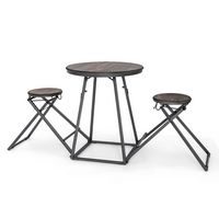Costway 3-Piece Bar Table Set Round Pub Dining Table & 2 Foldable Stools w/ Metal Frame - Grey - Alternate Views