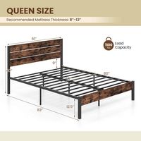 Costway Queen Bed Frame with Tall Industrial Headboard Heavy-Duty Metal Slats Support - Brown - Alternate Views